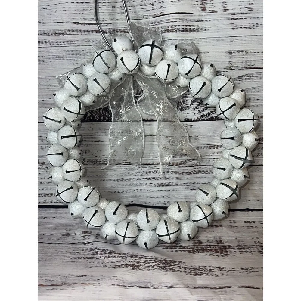 Christmas Holiday Sleigh Bell‎ White Iridescent Wreath 12